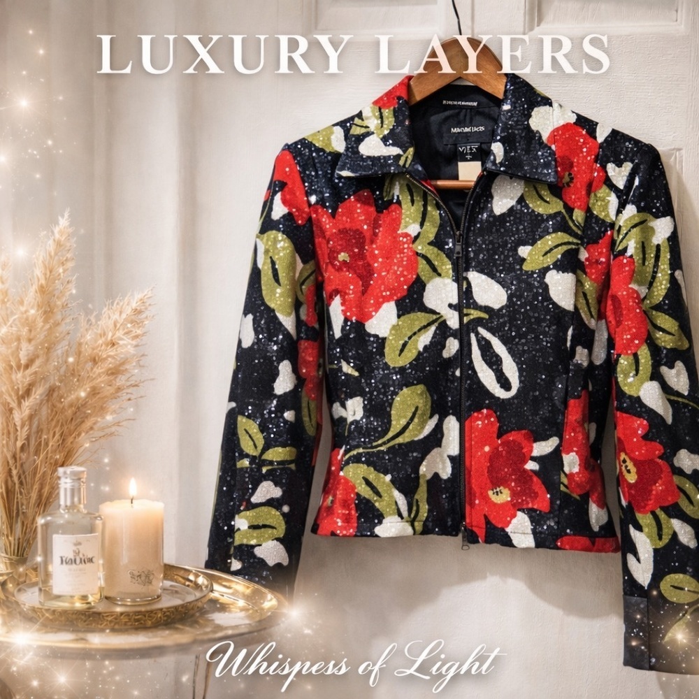 Mesmerize Floral Sequin Jacket | Black Red Statement Zip Jacket XS